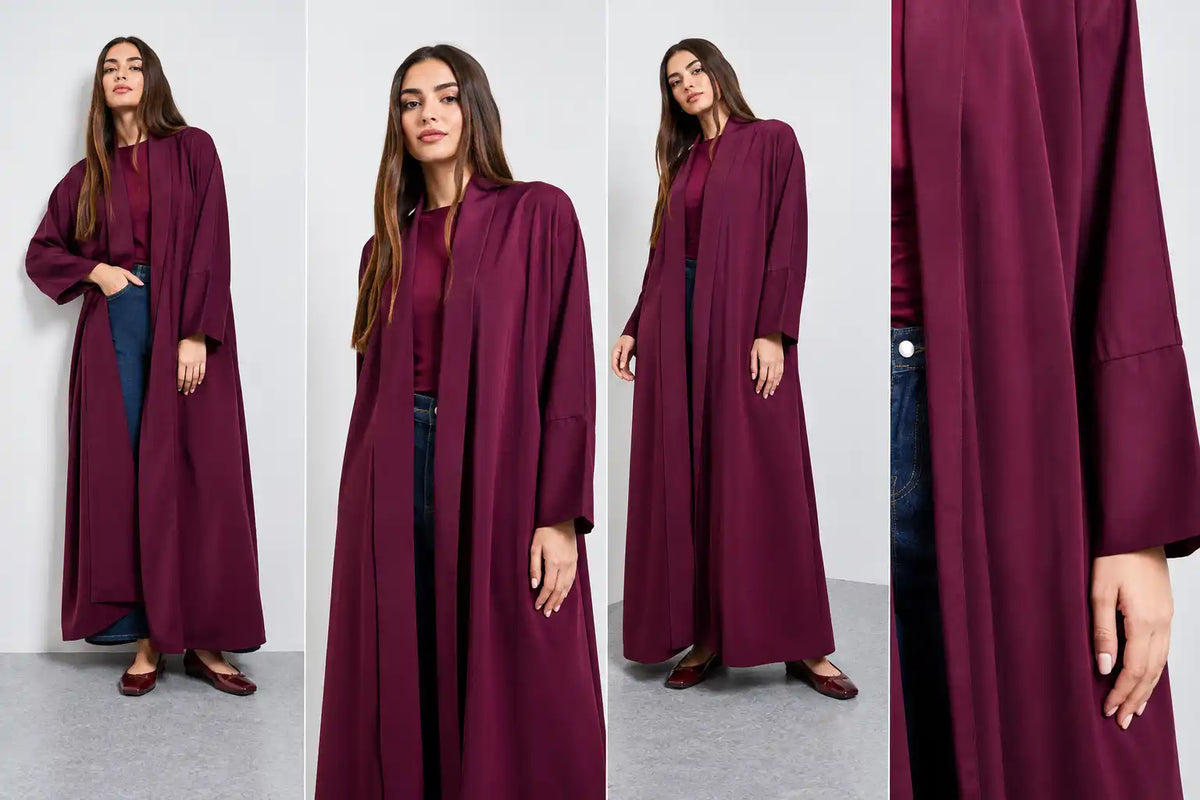 Women's Elegant Maroon Open Front Long Abaya with Wide Sleeves