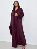 Elegant Plum Lace Trim Open Abaya with Matching Inner Dress