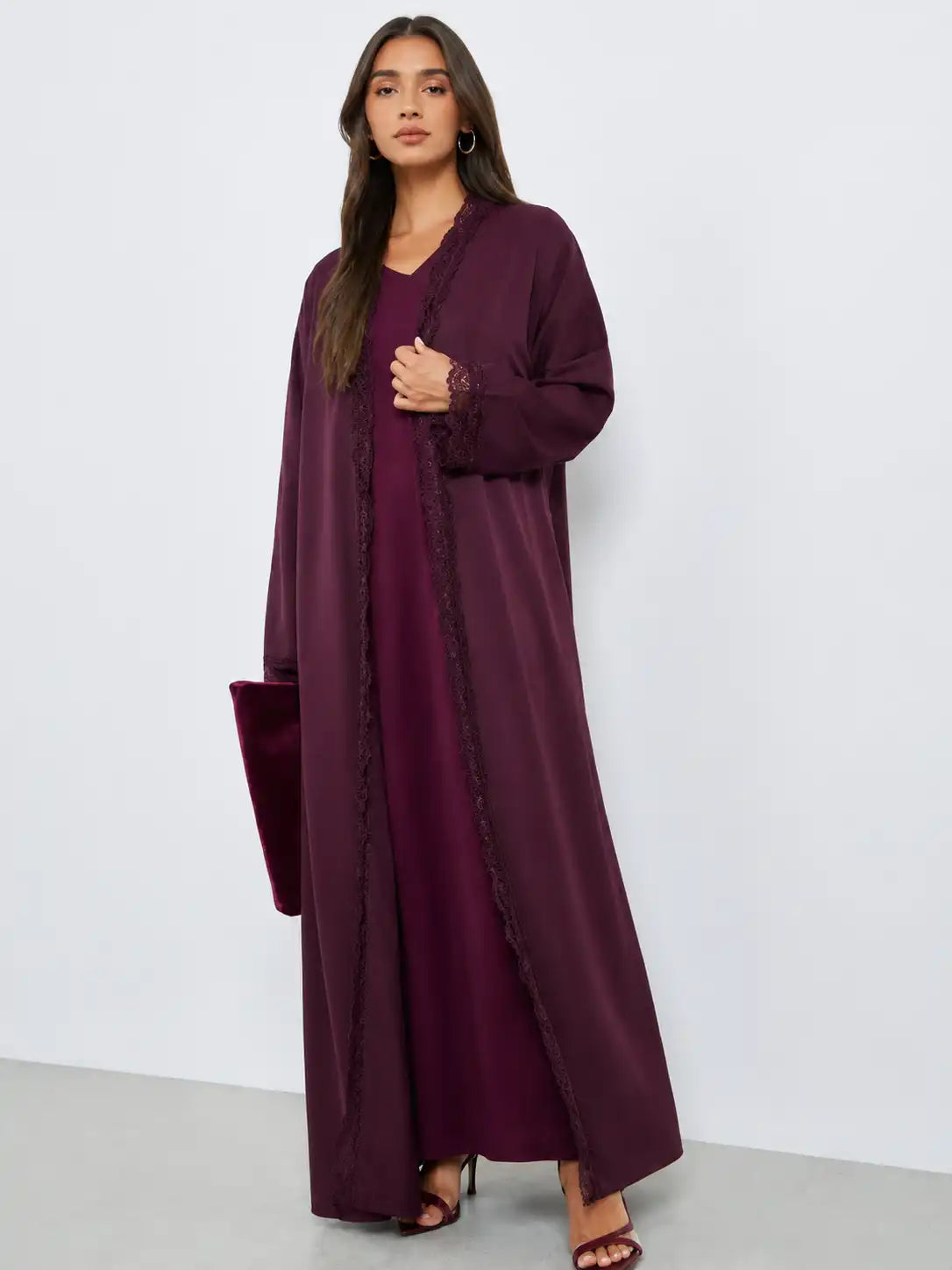 Elegant Plum Lace Trim Open Abaya with Matching Inner Dress