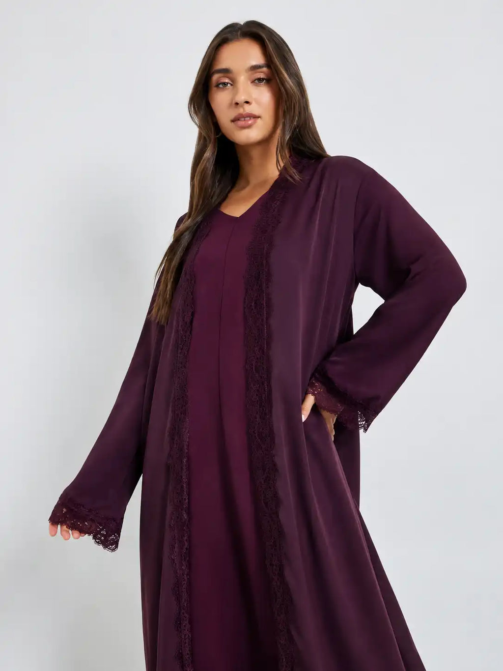 Elegant Plum Lace Trim Open Abaya with Matching Inner Dress