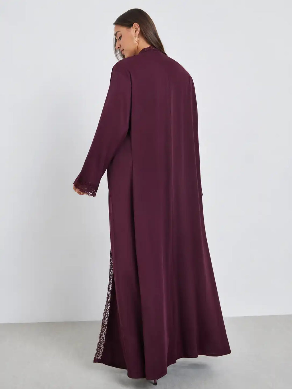 Elegant Plum Lace Trim Open Abaya with Matching Inner Dress