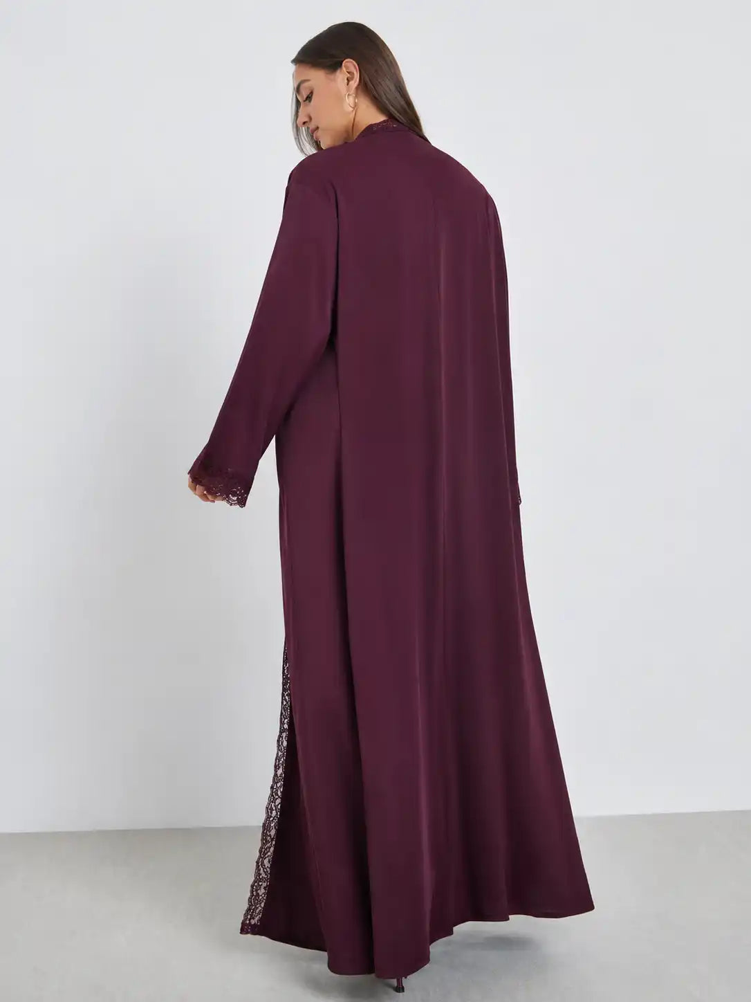 Elegant Plum Lace Trim Open Abaya with Matching Inner Dress