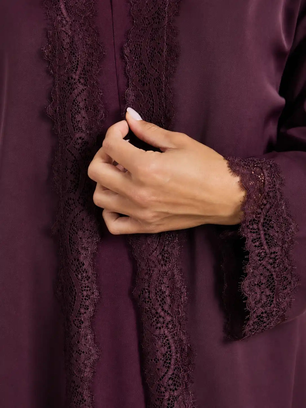 Elegant Plum Lace Trim Open Abaya with Matching Inner Dress