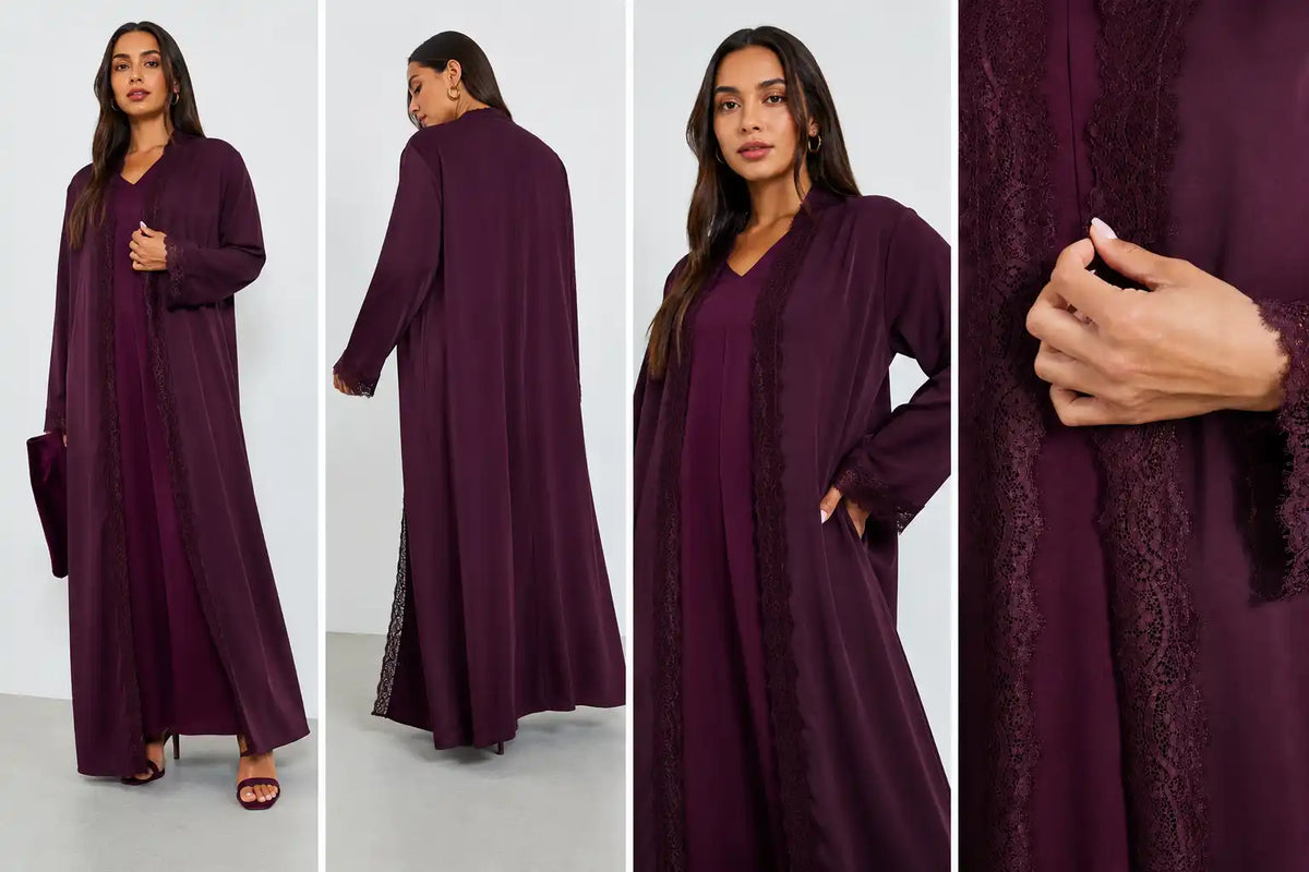 Elegant Plum Lace Trim Open Abaya with Matching Inner Dress