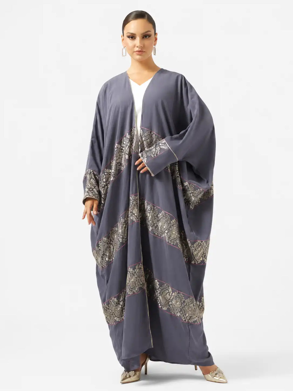 Elegant Grey Printed Open Abaya