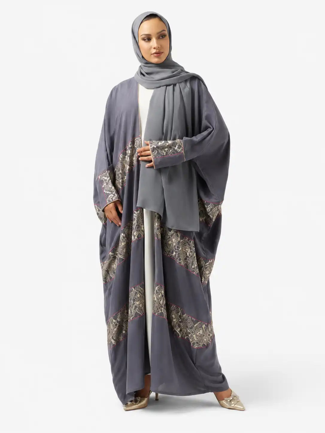 Elegant Grey Printed Open Abaya