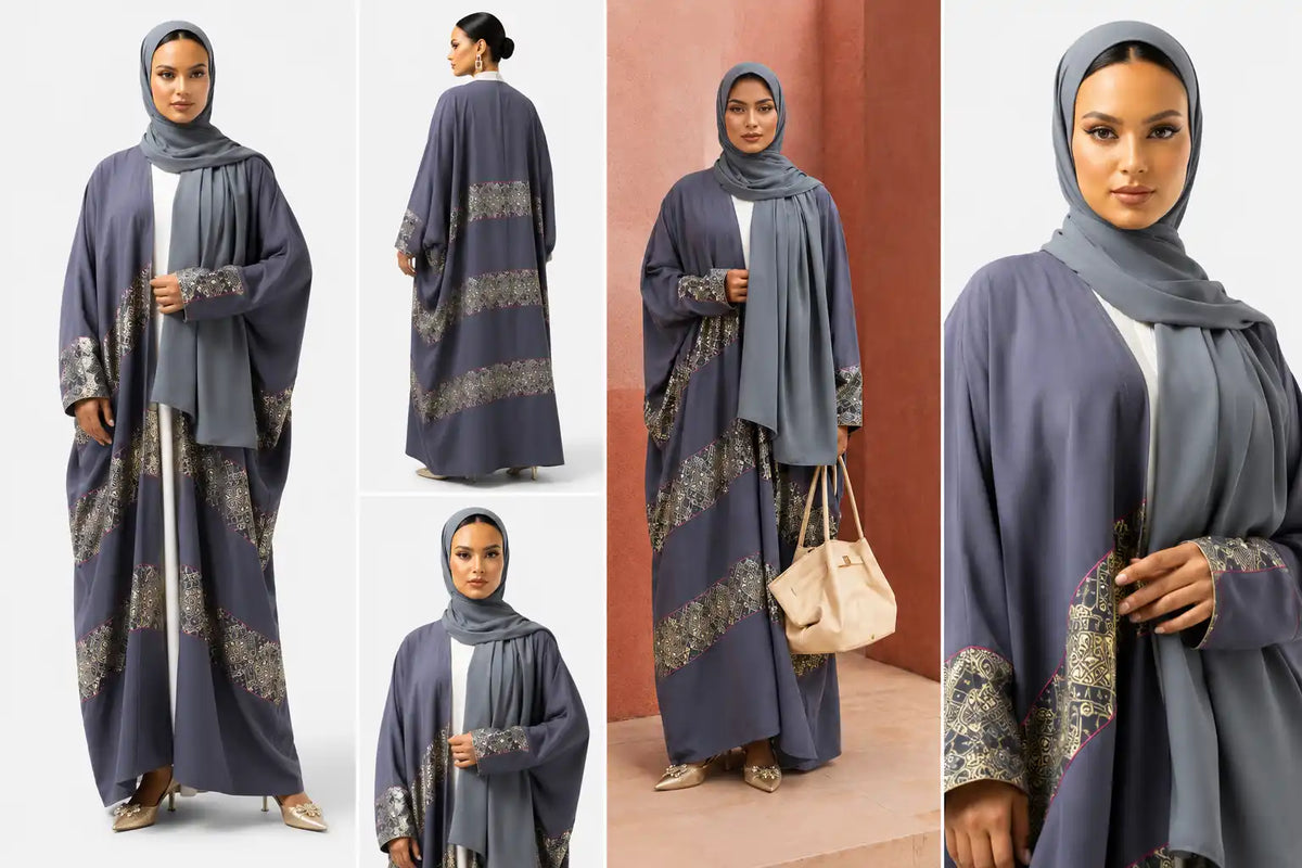Elegant Grey Printed Open Abaya