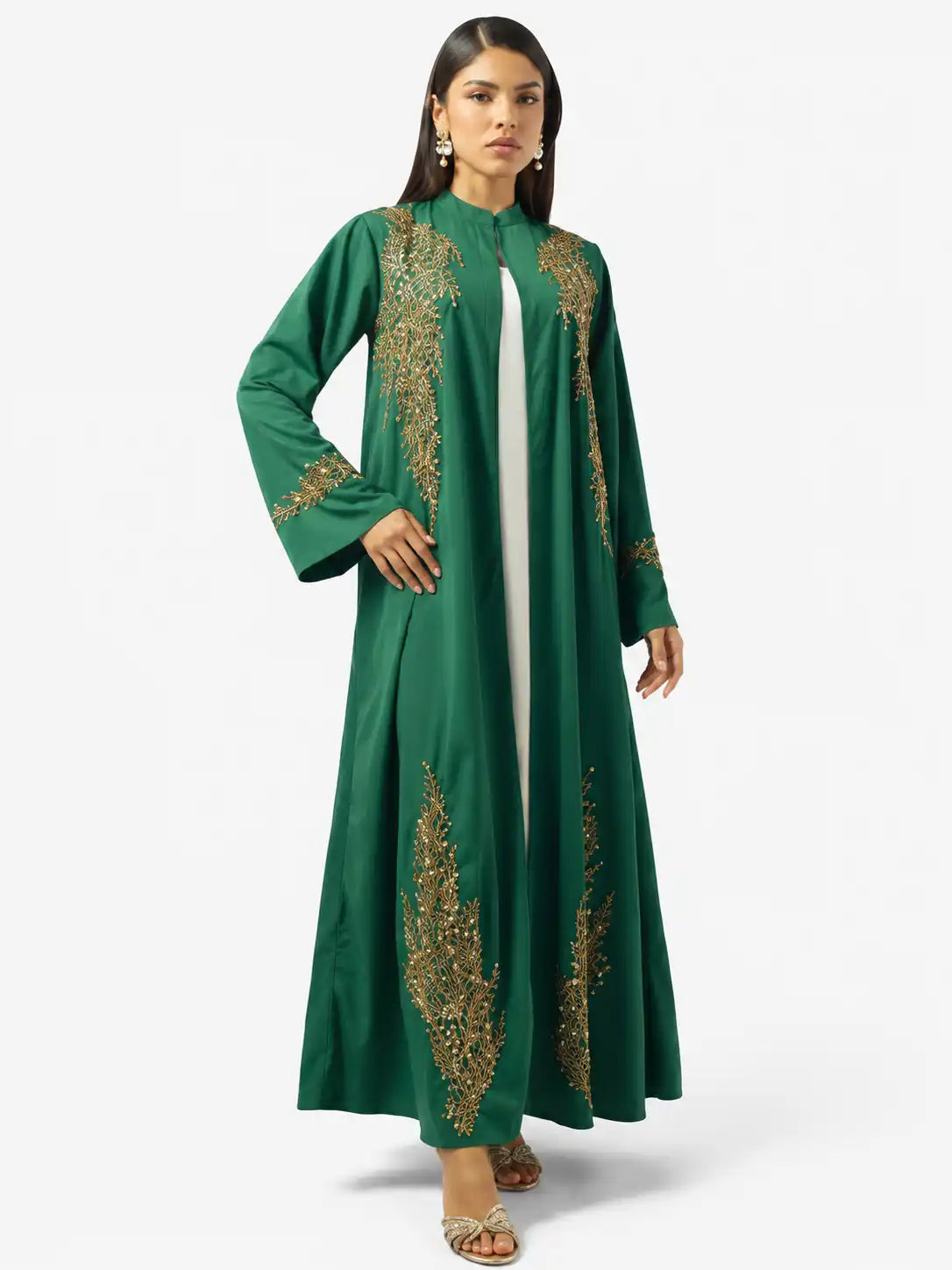 Emerald Gold Embroidered Open Abaya