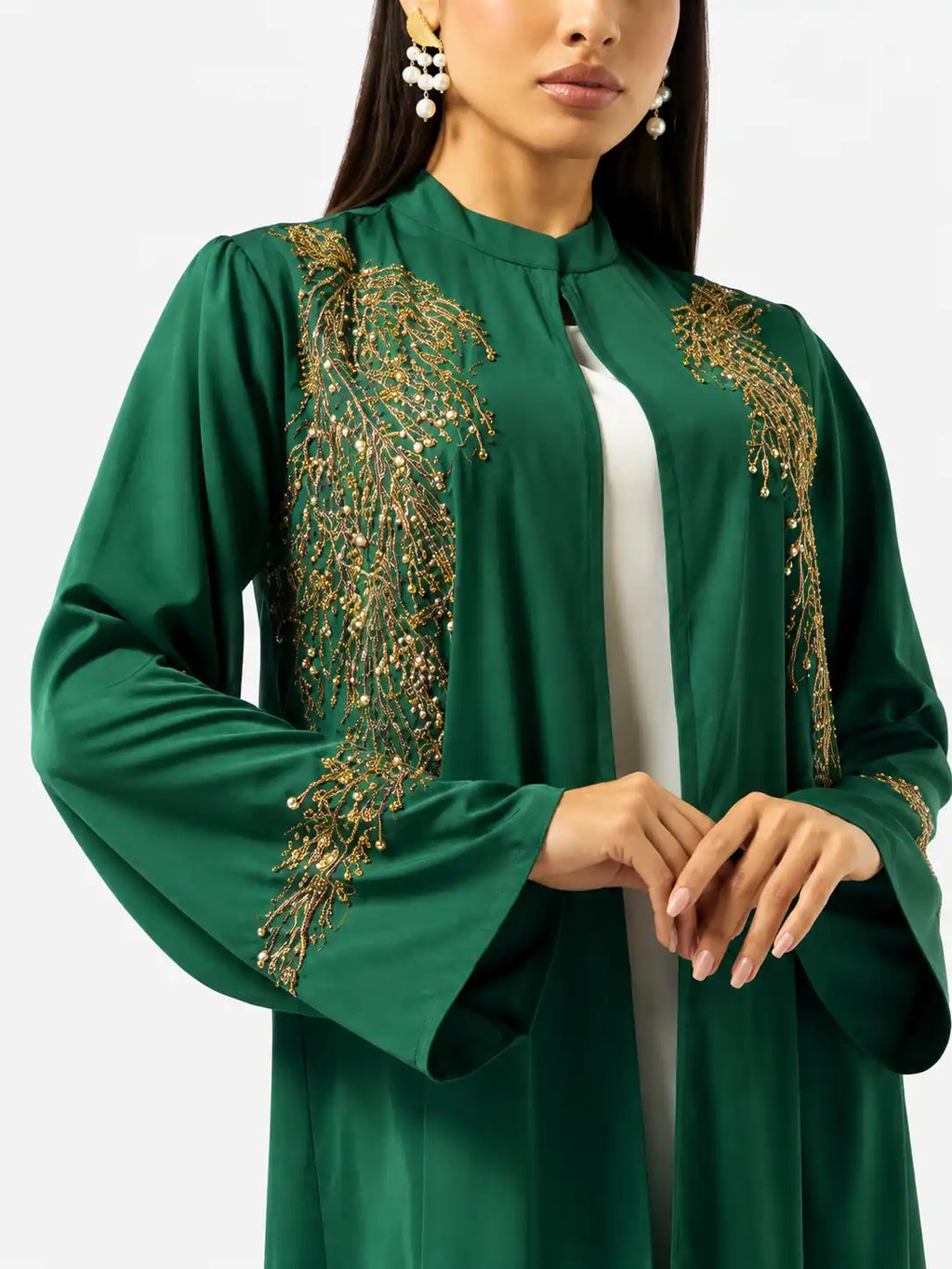 Emerald Gold Embroidered Open Abaya