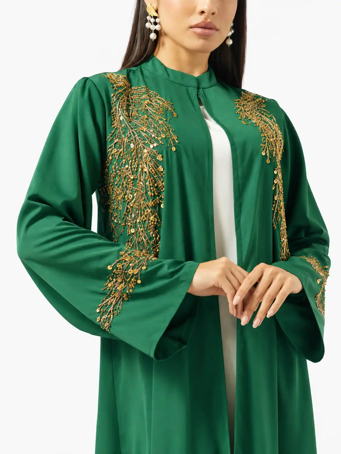Emerald Gold Embroidered Open Abaya