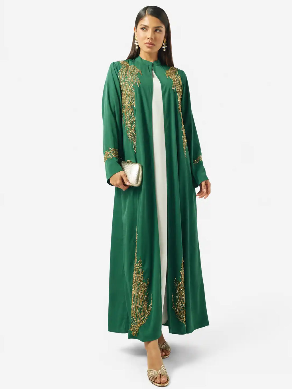 Emerald Gold Embroidered Open Abaya