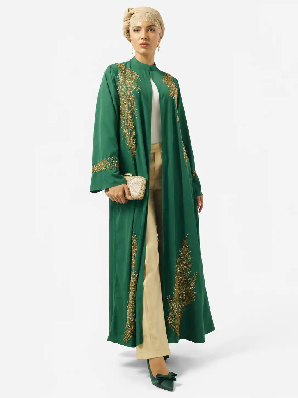 Emerald Gold Embroidered Open Abaya