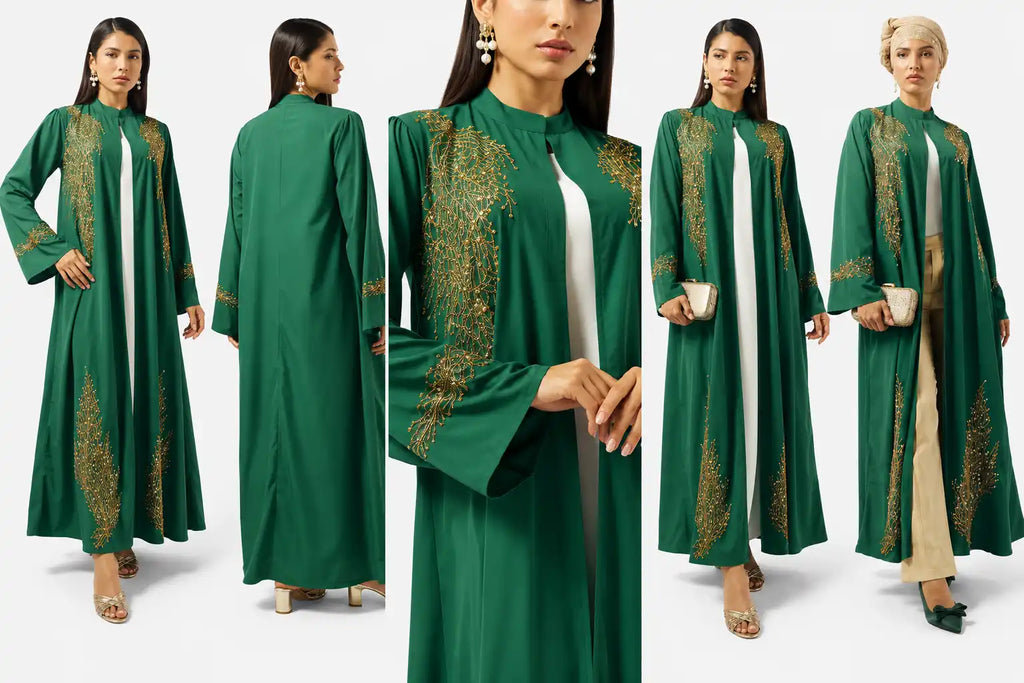 Emerald Gold Embroidered Open Abaya