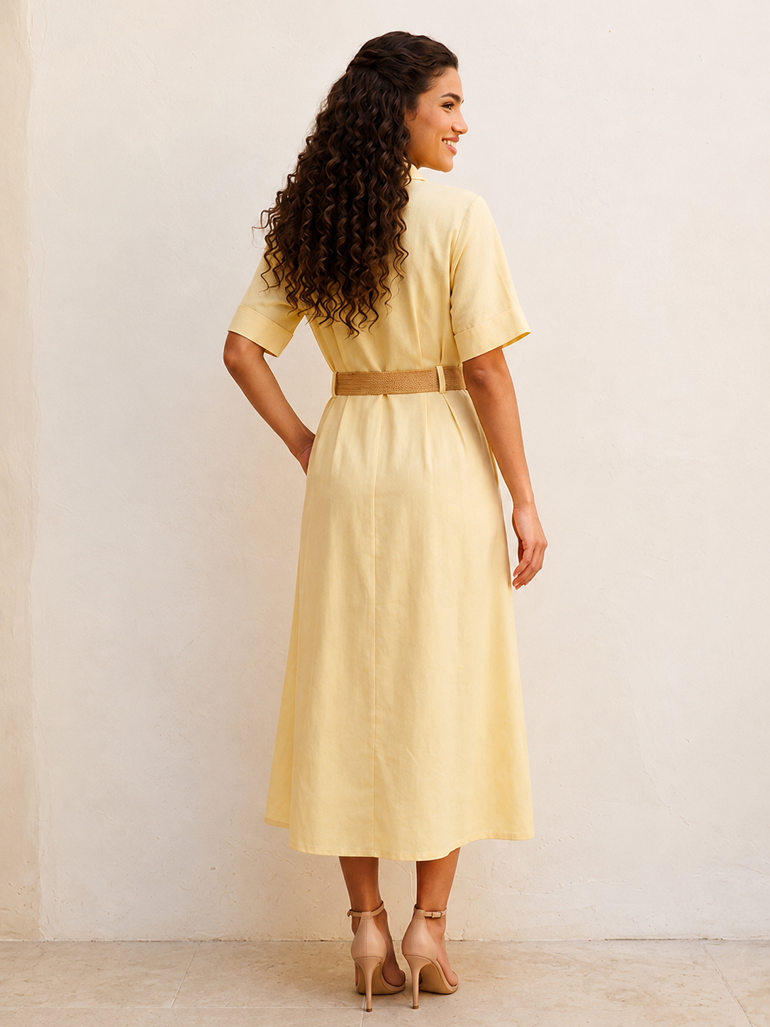 Splash Basic Belted A-Line Midi Shirt Dress