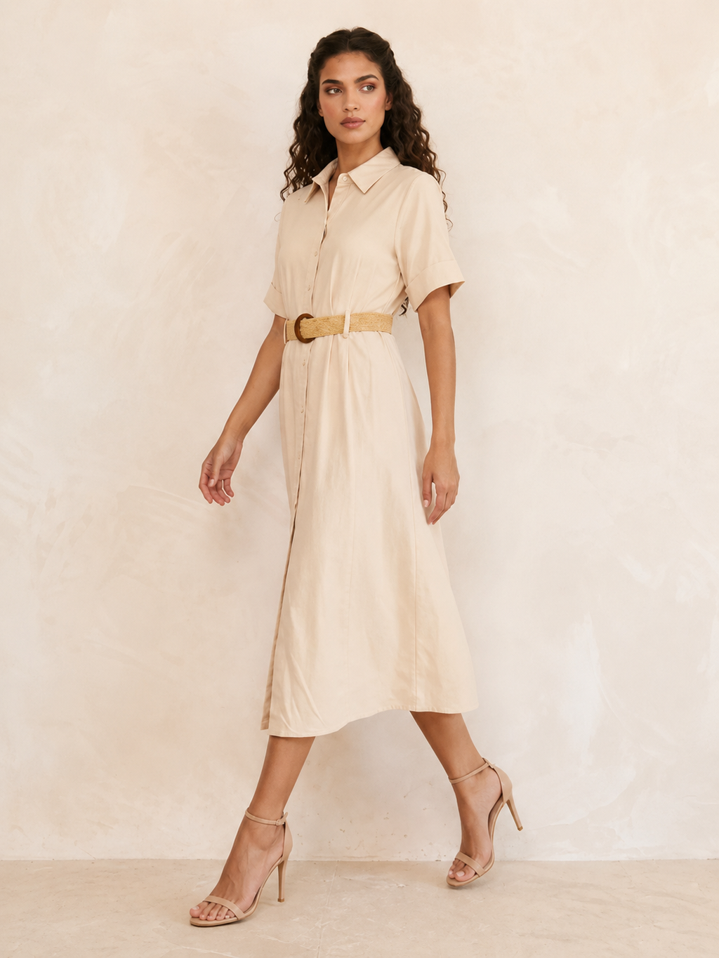 Splash Basic Belted A-Line Midi Shirt Dress