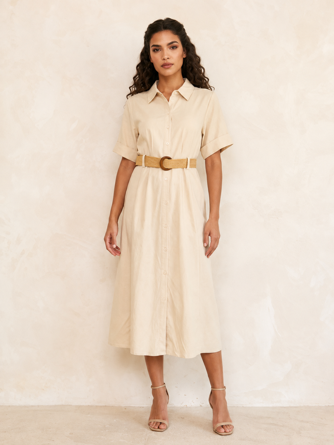 Splash Basic Belted A-Line Midi Shirt Dress
