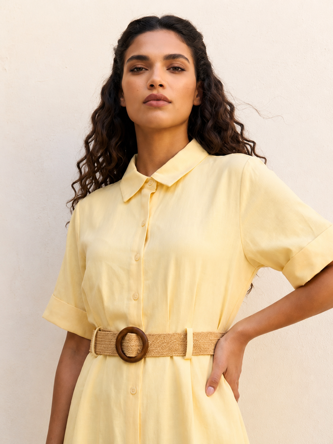 Splash Basic Belted A-Line Midi Shirt Dress