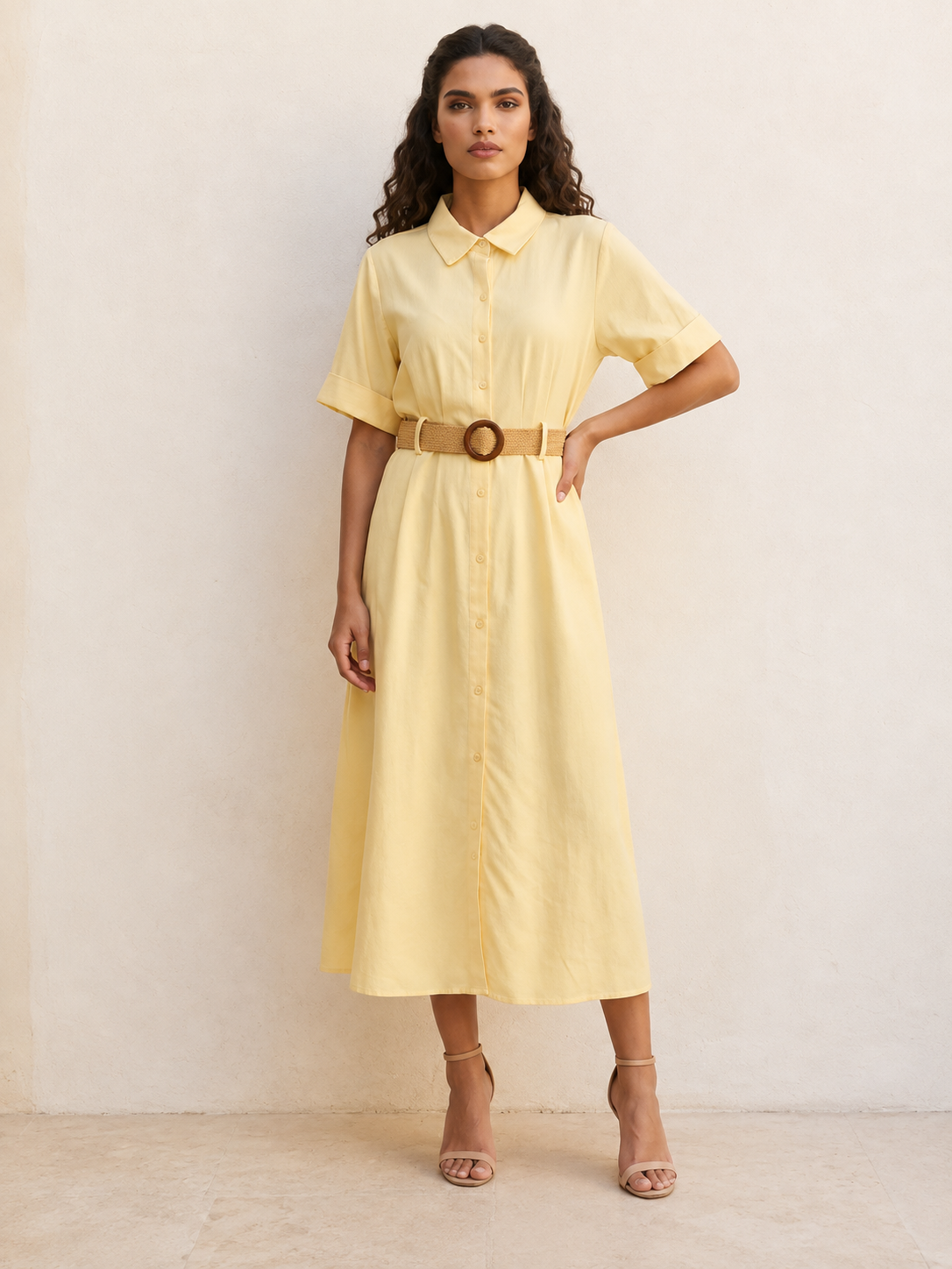 Splash Basic Belted A-Line Midi Shirt Dress