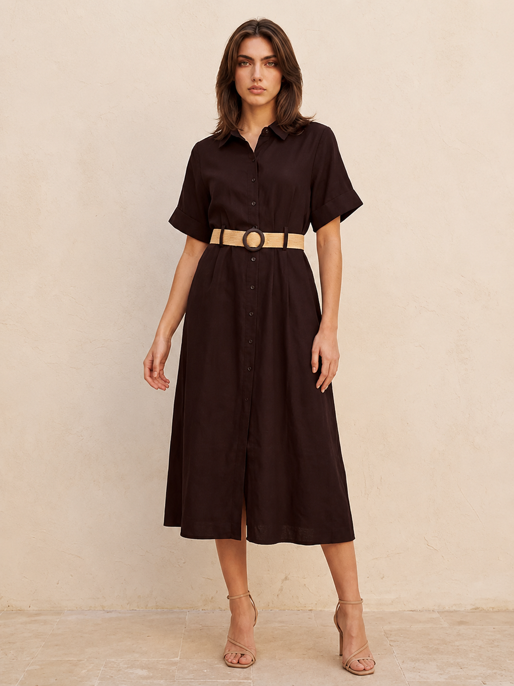 Splash Basic Belted A-Line Midi Shirt Dress