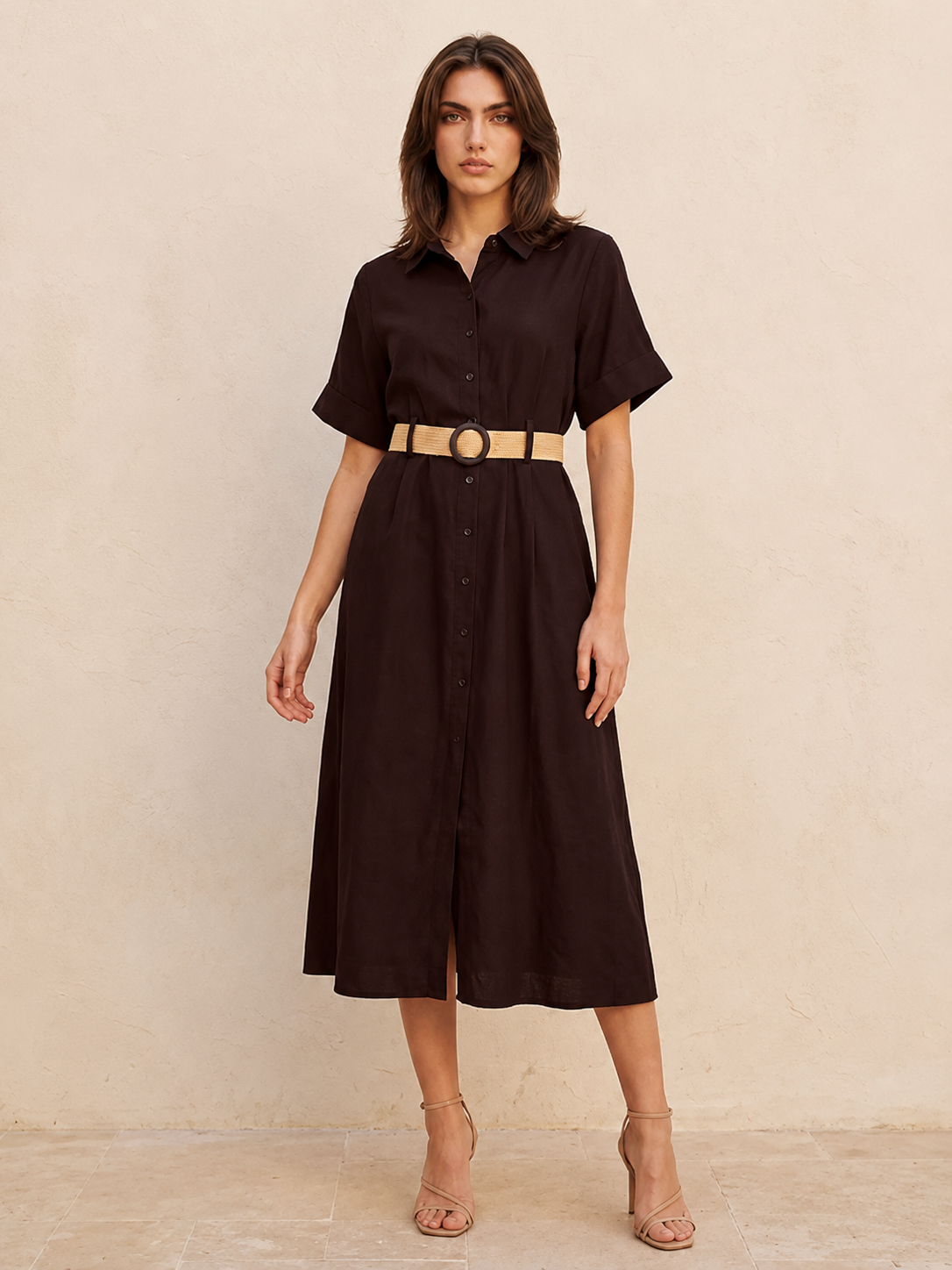 Splash Basic Belted A-Line Midi Shirt Dress