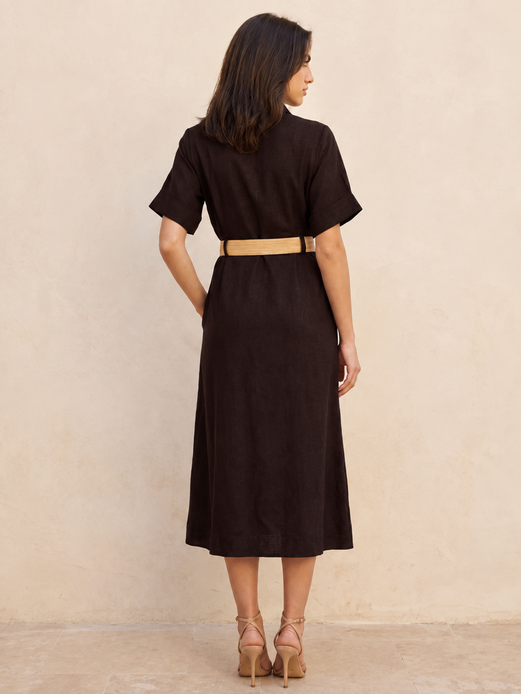 Splash Basic Belted A-Line Midi Shirt Dress