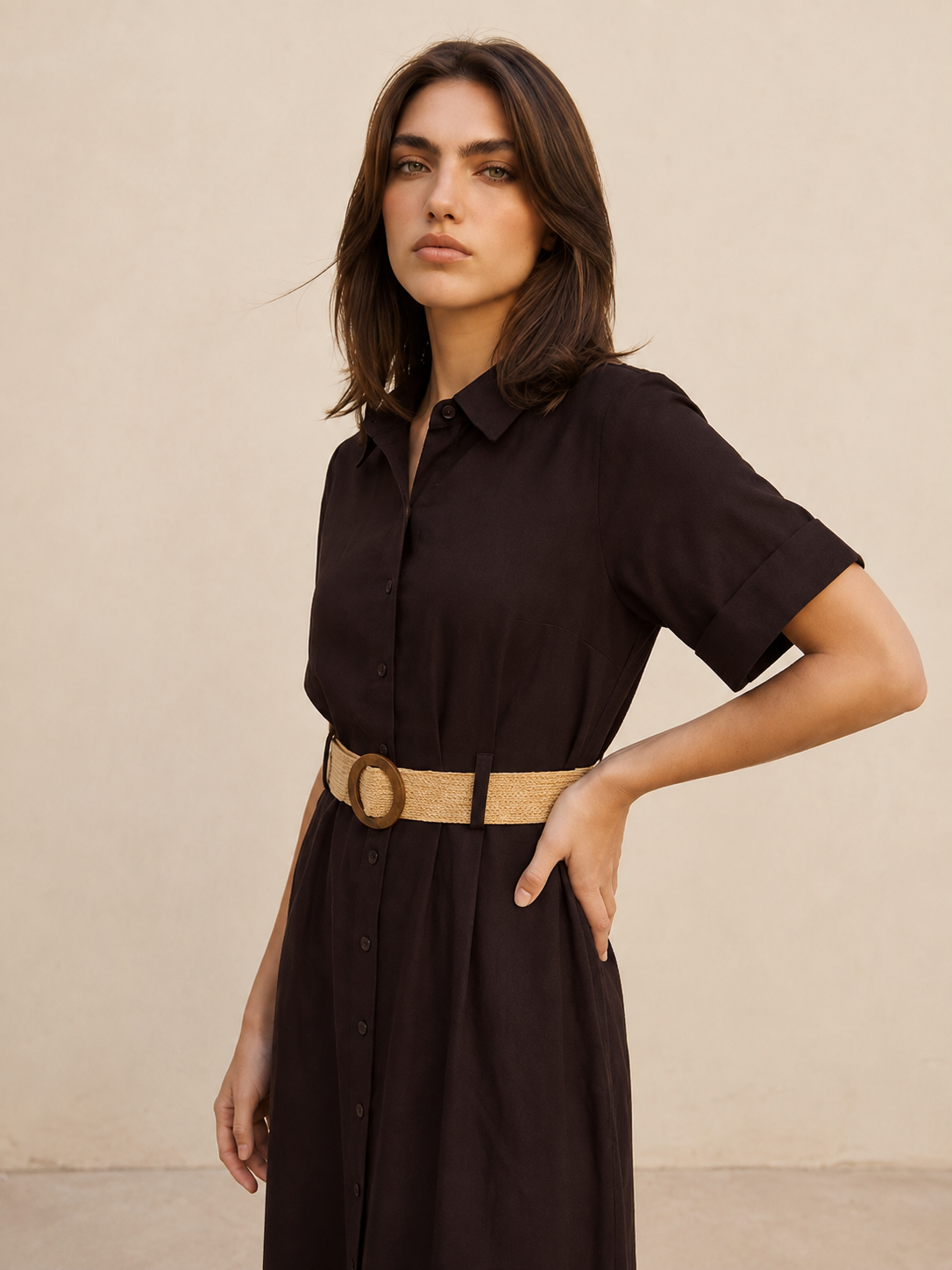 Splash Basic Belted A-Line Midi Shirt Dress