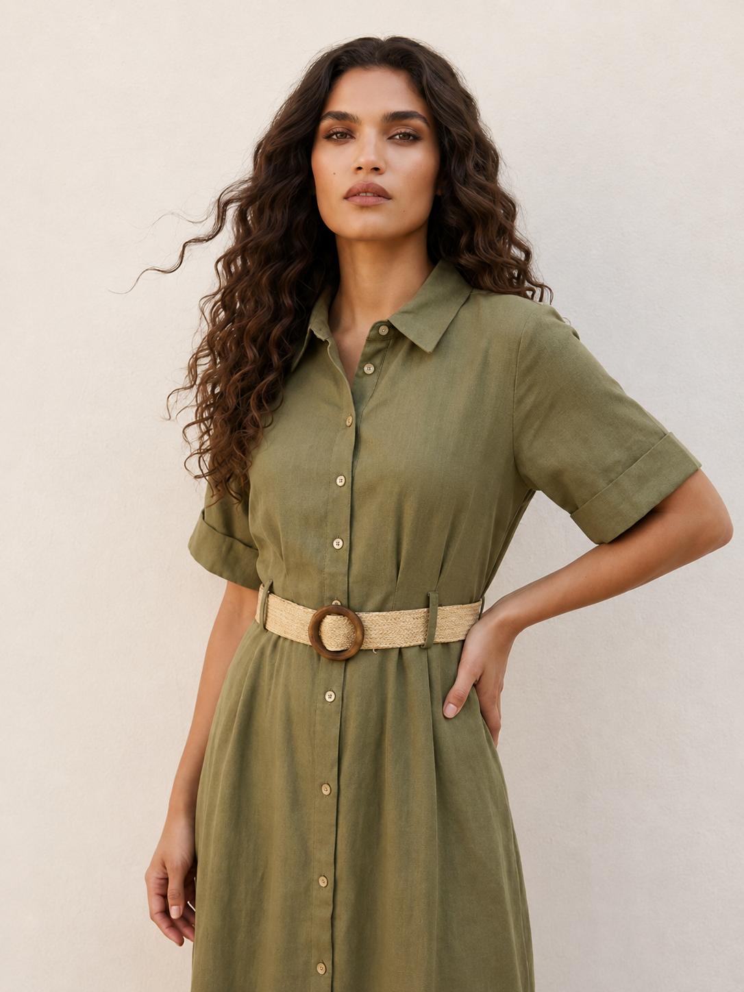 Splash Basic Belted A-Line Midi Shirt Dress