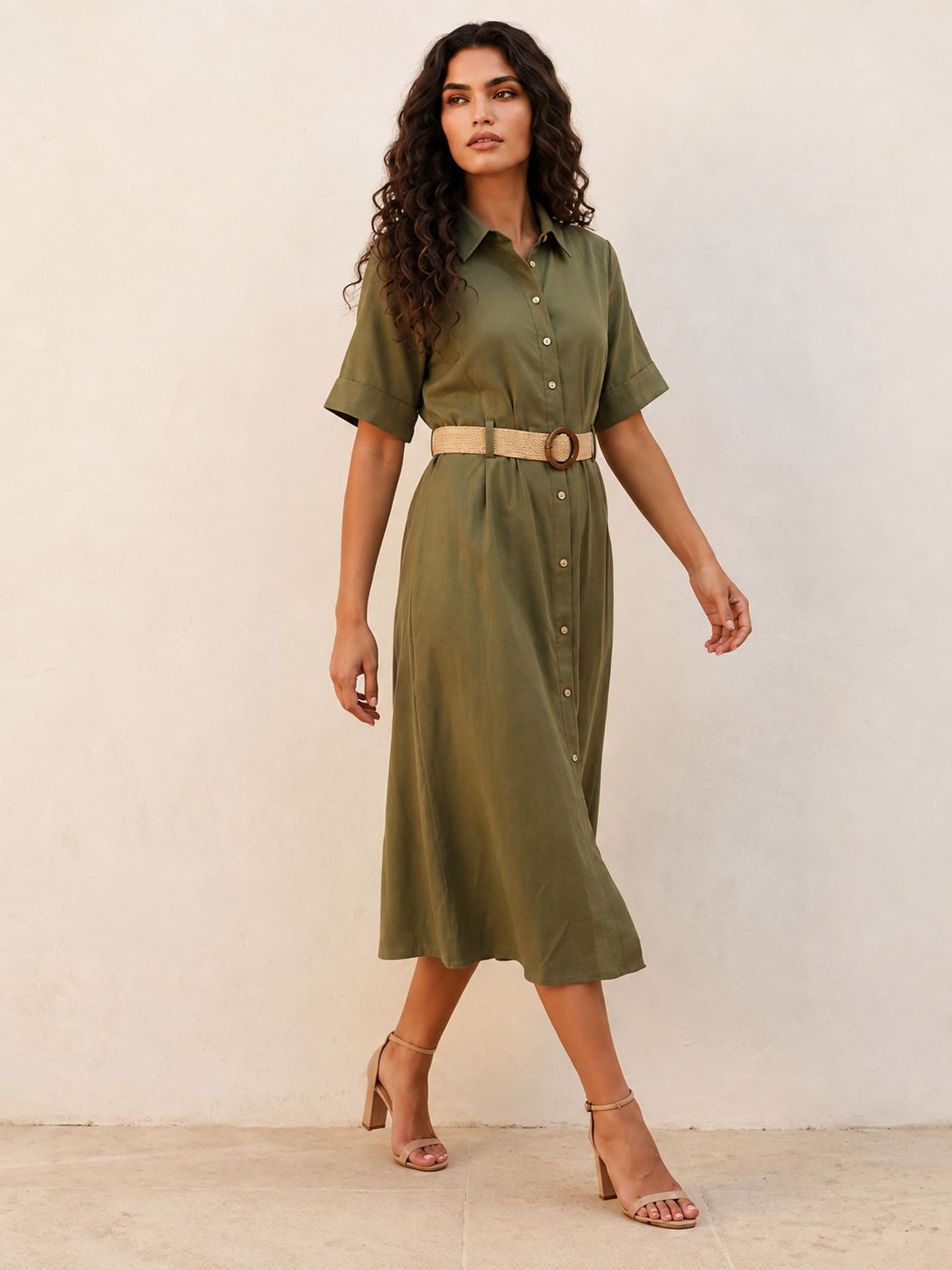 Splash Basic Belted A-Line Midi Shirt Dress