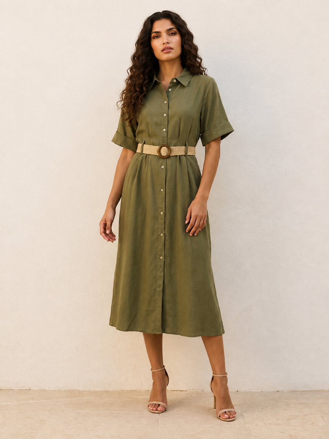 Splash Basic Belted A-Line Midi Shirt Dress