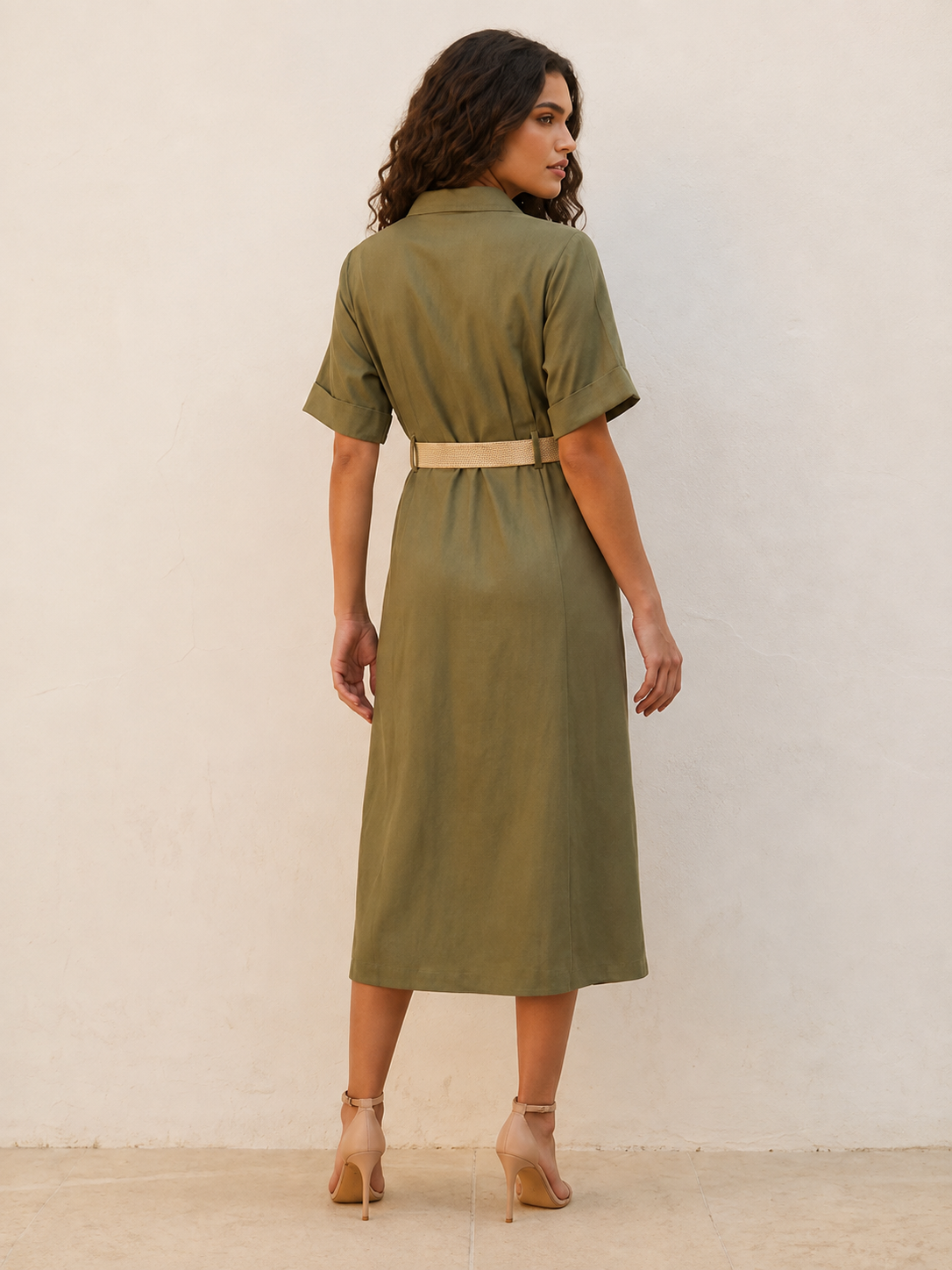 Splash Basic Belted A-Line Midi Shirt Dress