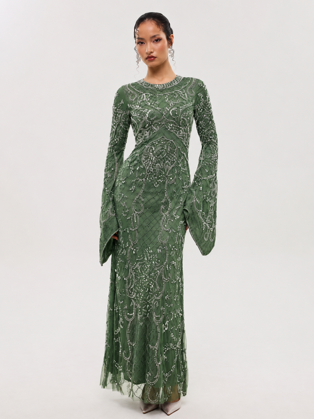Green Sequined & Beaded Flared Sleeves Straight Women's Evening Maxi Dress
