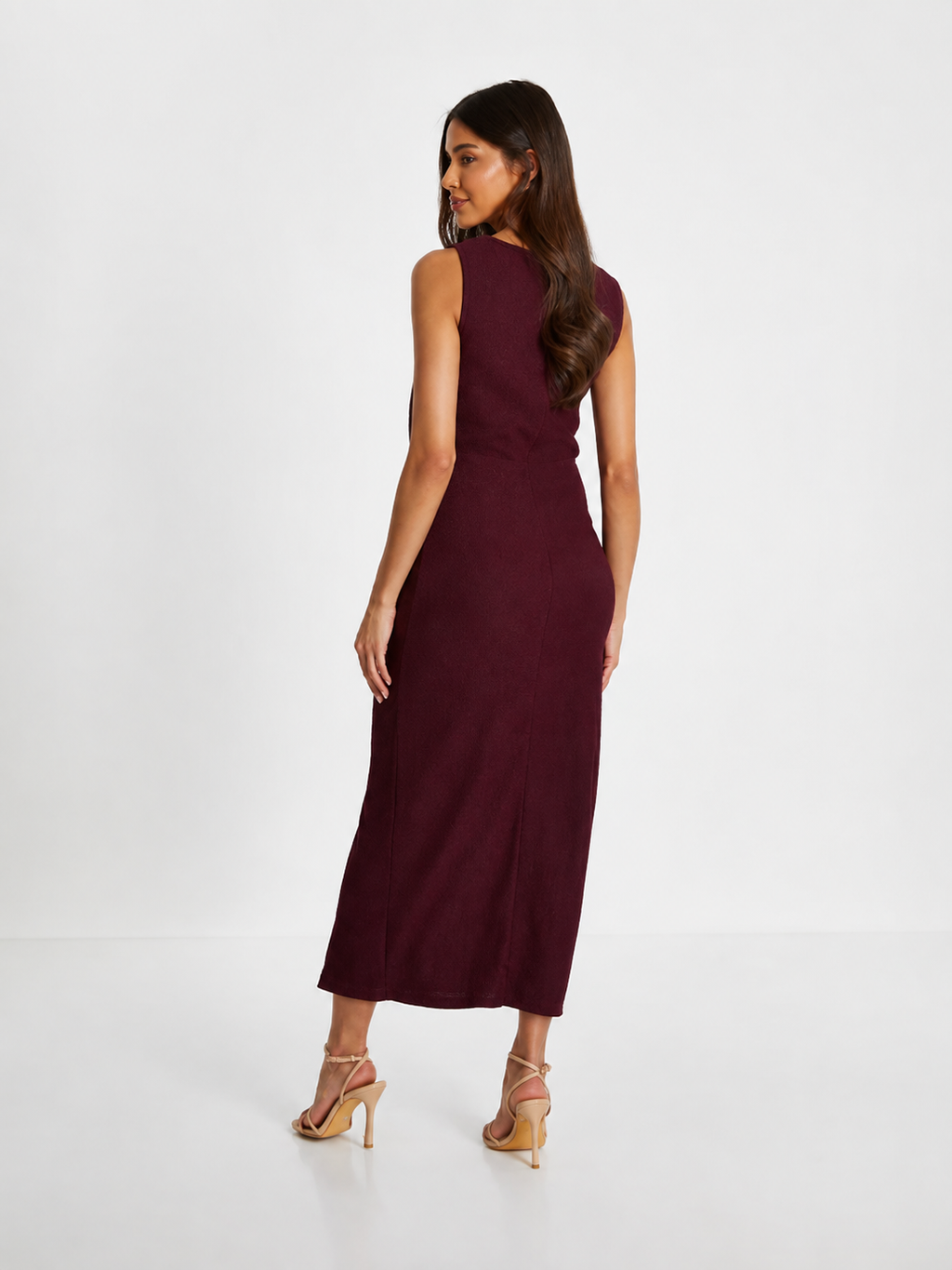 Quiz Wine Textured Round Neck Sleeveless Knit Front Midaxi Dress