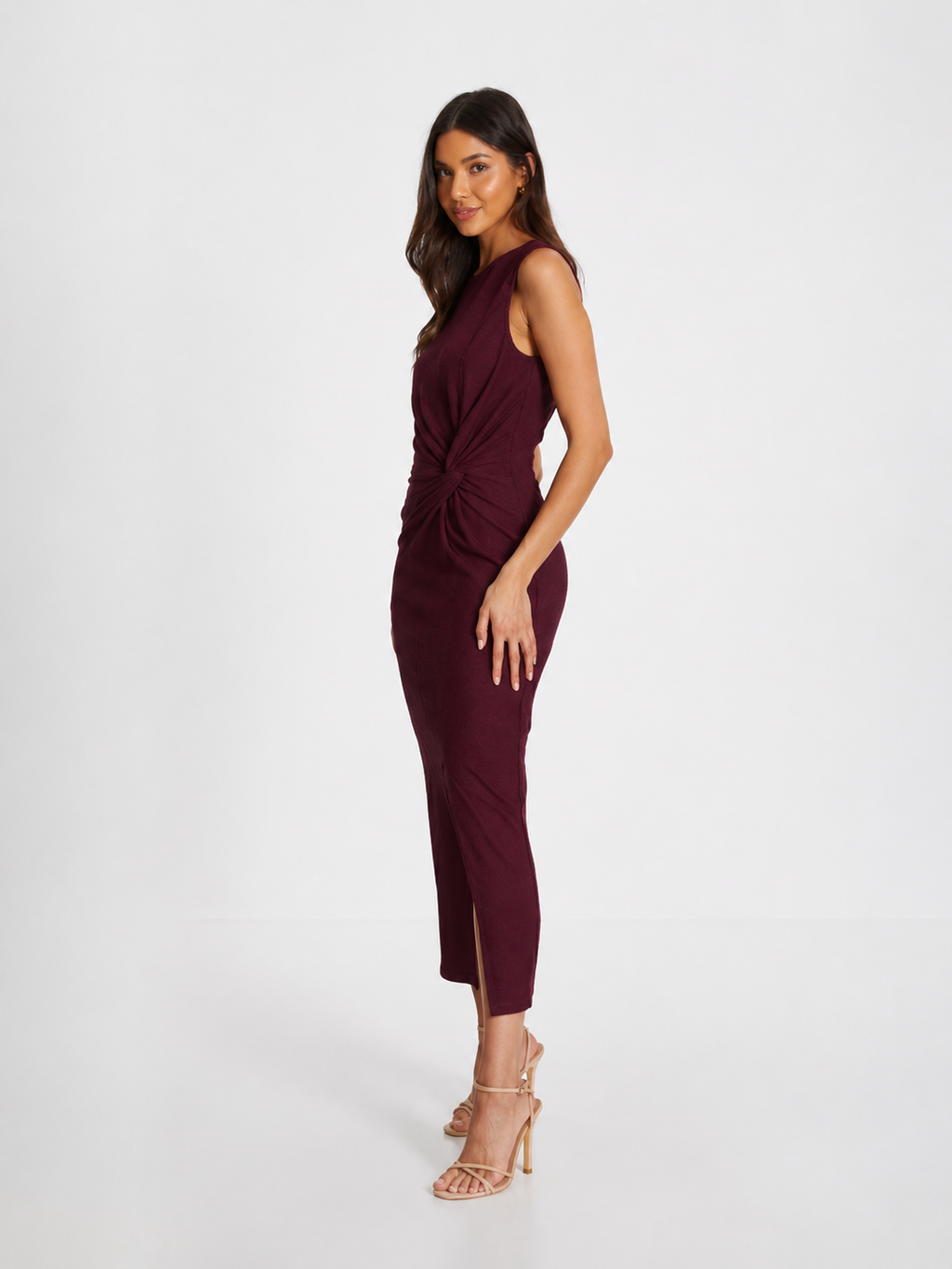 Quiz Wine Textured Round Neck Sleeveless Knit Front Midaxi Dress
