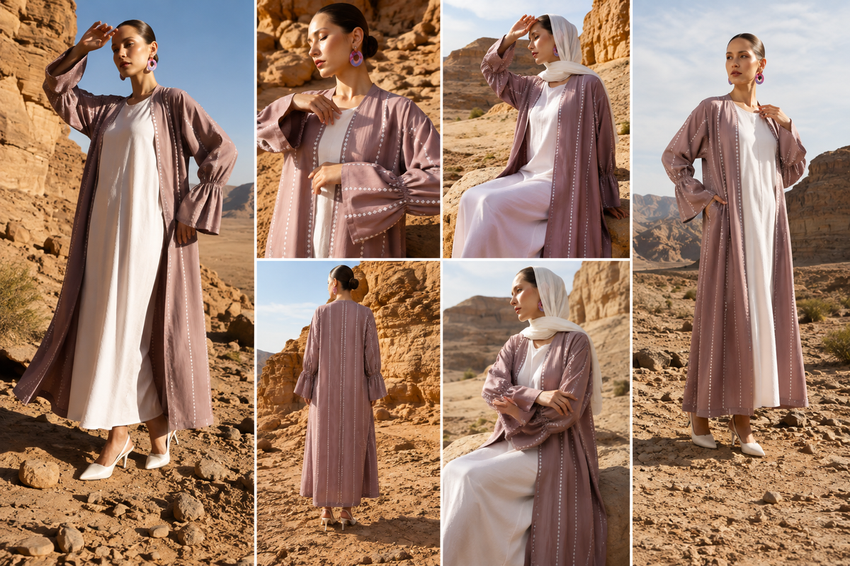 Dusty Mauve Open Abaya with White Inner Dress