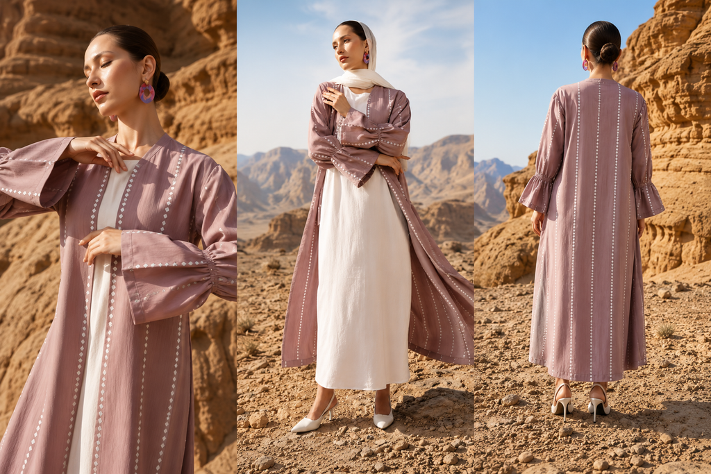 Dusty Mauve Open Abaya with White Inner Dress