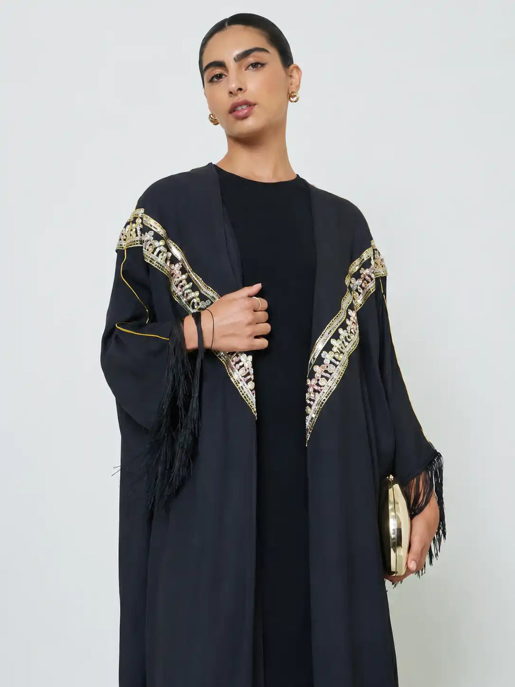 Embroidered Black Open Abaya