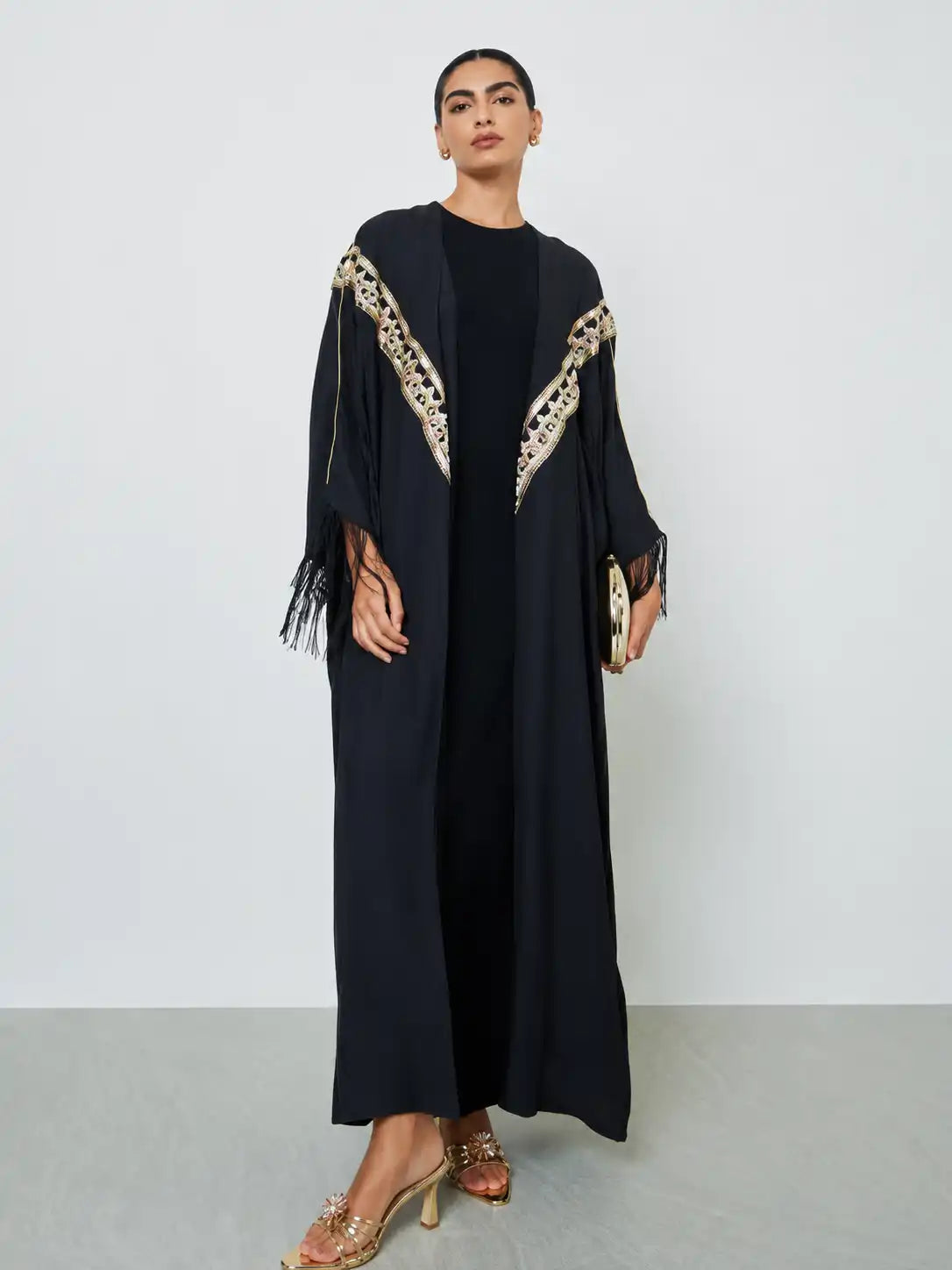 Embroidered Black Open Abaya