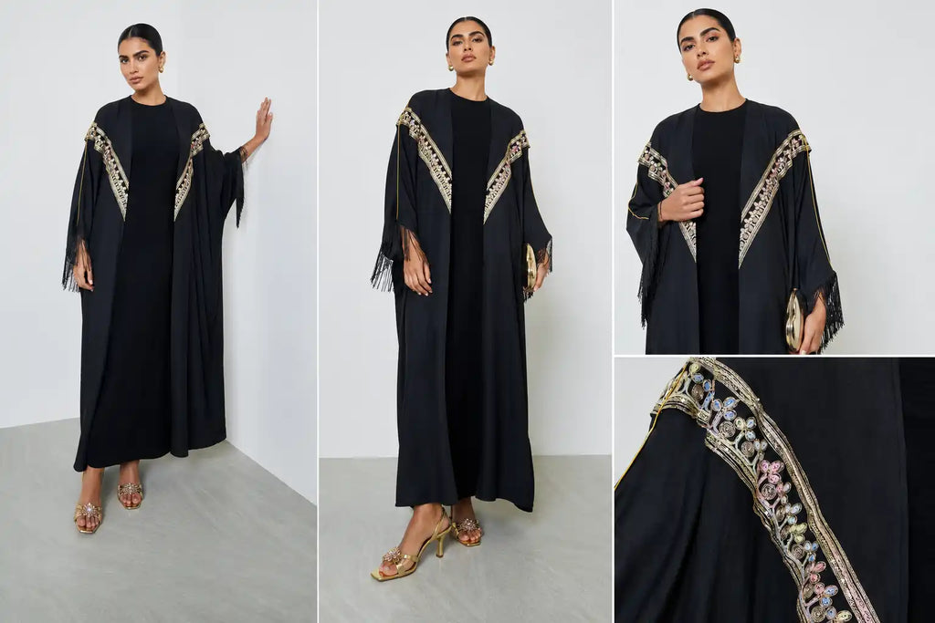 Embroidered Black Open Abaya