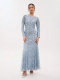 Grey Sequined & Beaded Raglan Sleeves Flared Women's Evening Maxi Dress