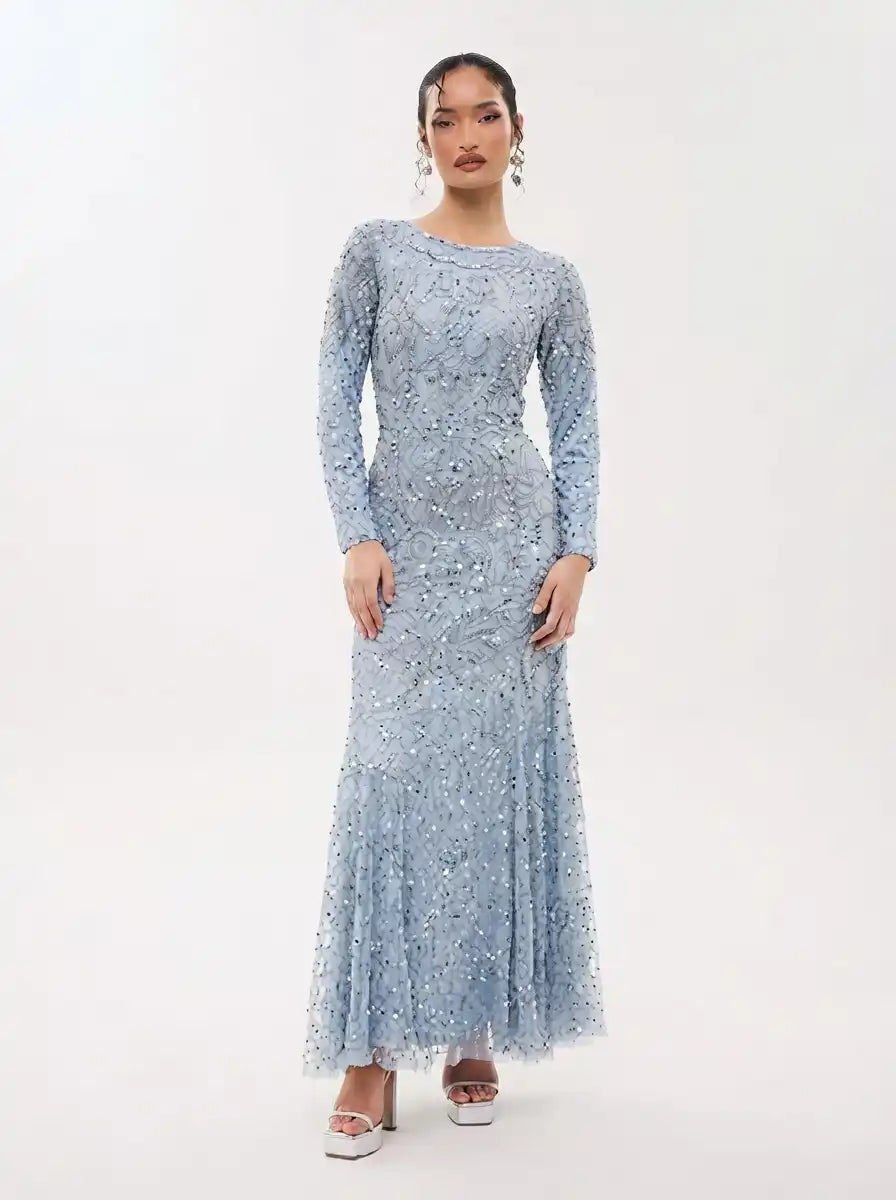 Grey Sequined & Beaded Raglan Sleeves Flared Women's Evening Maxi Dress