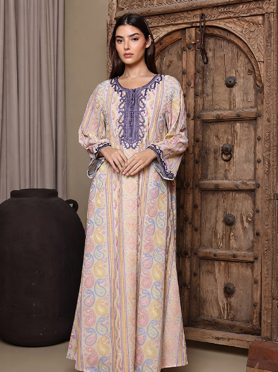 Paisley & Geometric Wide Sleeves Women's Evening Jalabiya