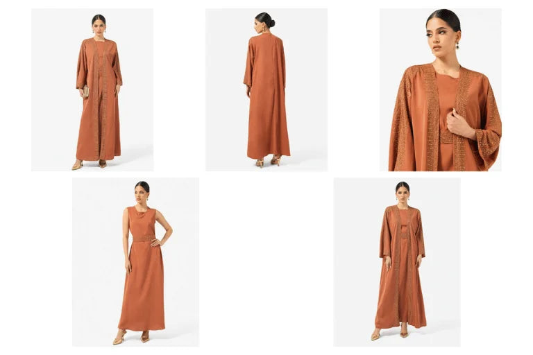 Elegant Rust Embroidered Long Robe & Wide-Leg Formal Ensemble Abaya