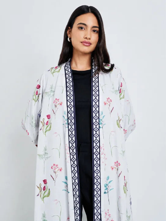 Floral Printed Open Abaya with Navy Geometric Border