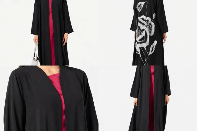 Elegant Black Open Abaya with Magenta Inner Dress