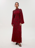 Maroon Beaded Tulle High Neck Flared Sleeves Sheath Women's Evening Maxi Dress