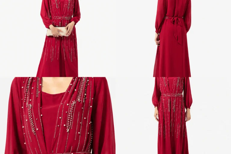 Women’s Burgundy Embellished Maxi Dress with Belt & Sheer Sleeves