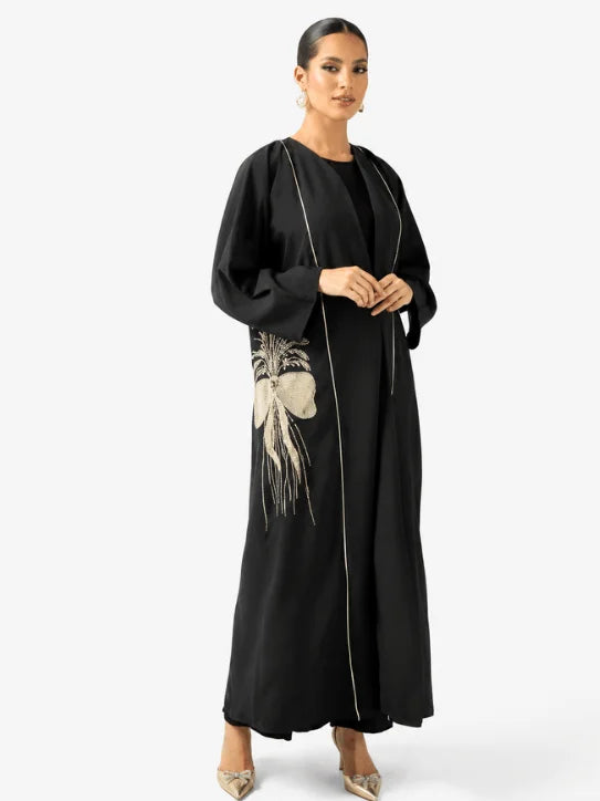 Luxury Black Abaya with Gold Embroidery & Fine Piping