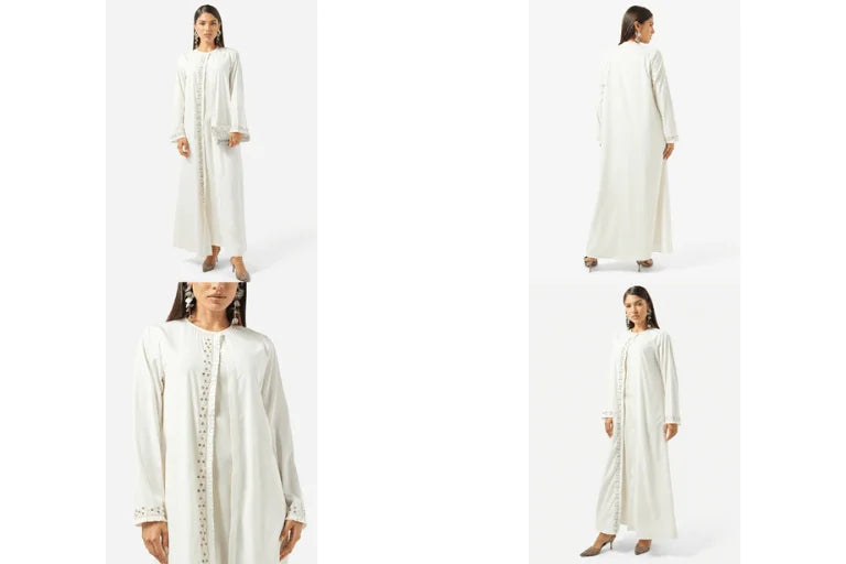 Elegant Ivory Abaya with Pearl Embroidery & Embellished Cuffs