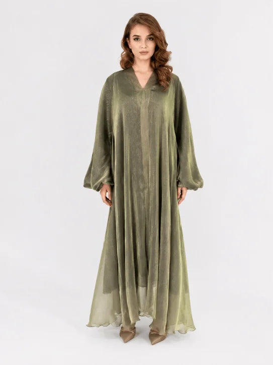 Olive Green Shimmering Kaftan Abaya with Flared Sleeves