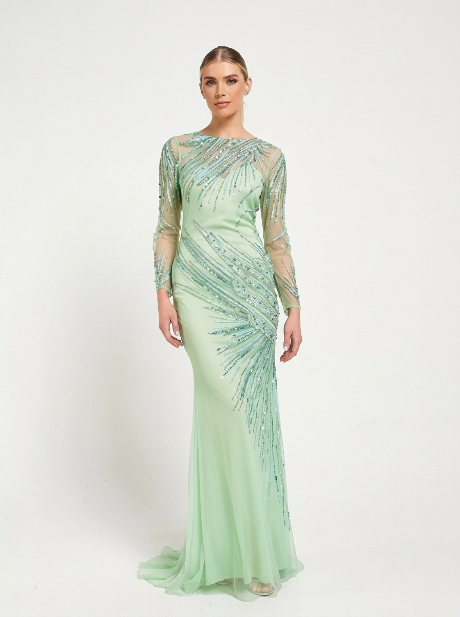 Green Sequined & Beaded Sheer Sleeves Women's Evening Maxi Dress